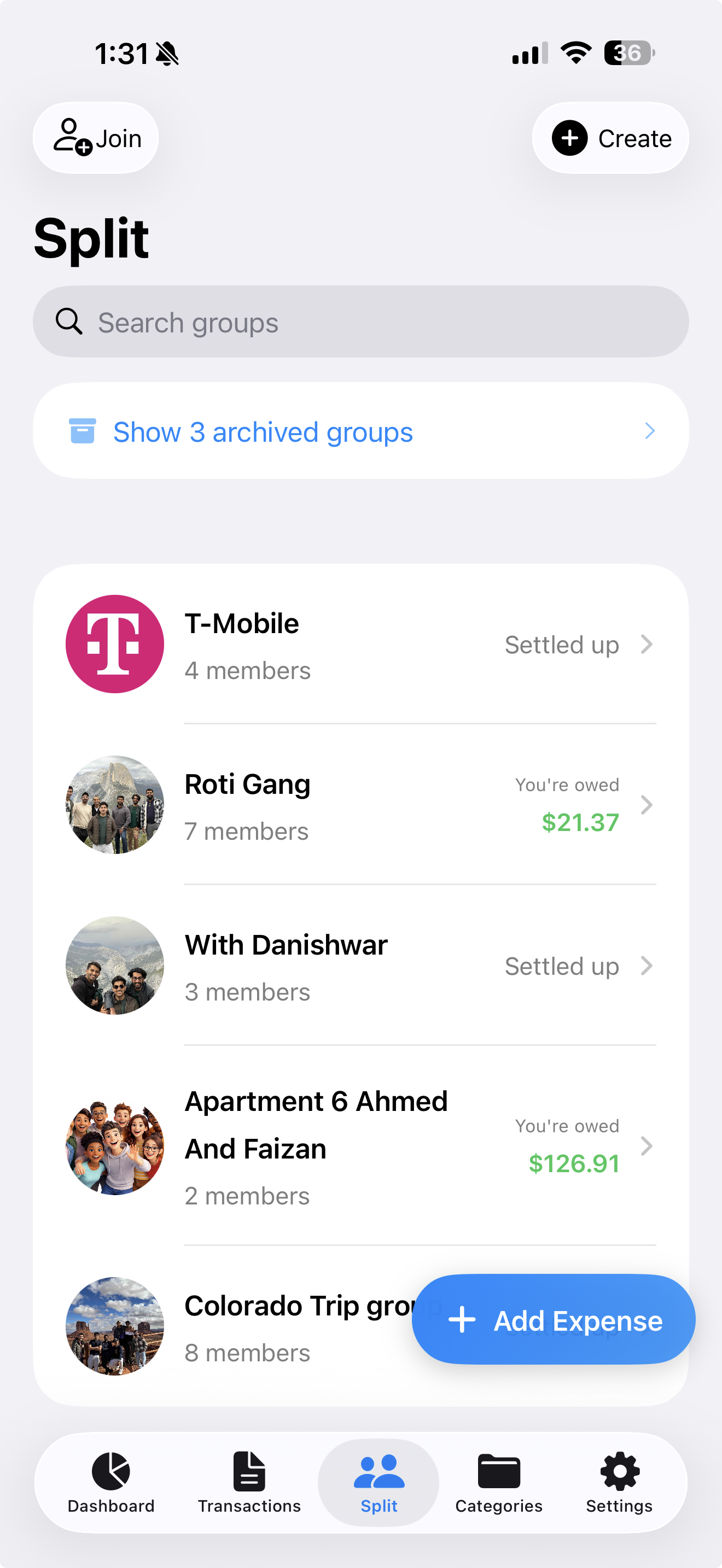 Split expense screen showing shared dinner costs