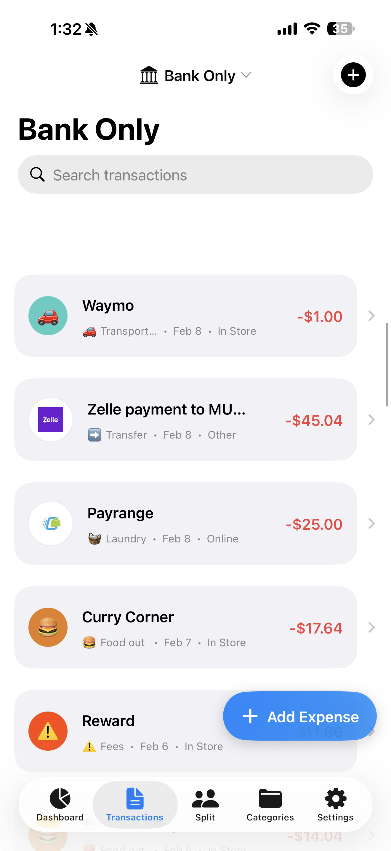 Transaction list showing categorized expenses