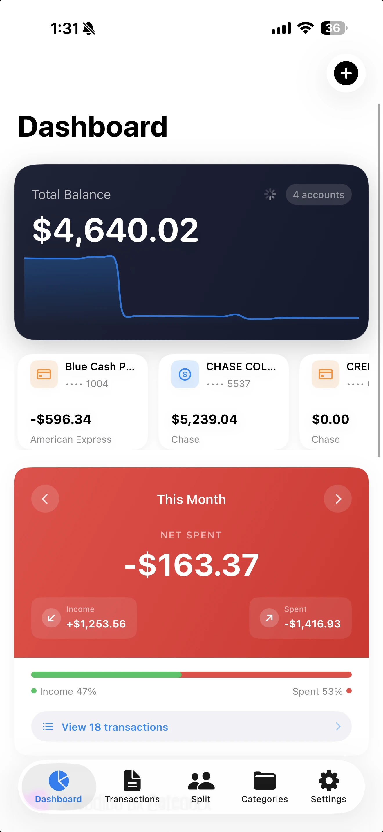 LedgerEz app dashboard showing account balances and spending overview